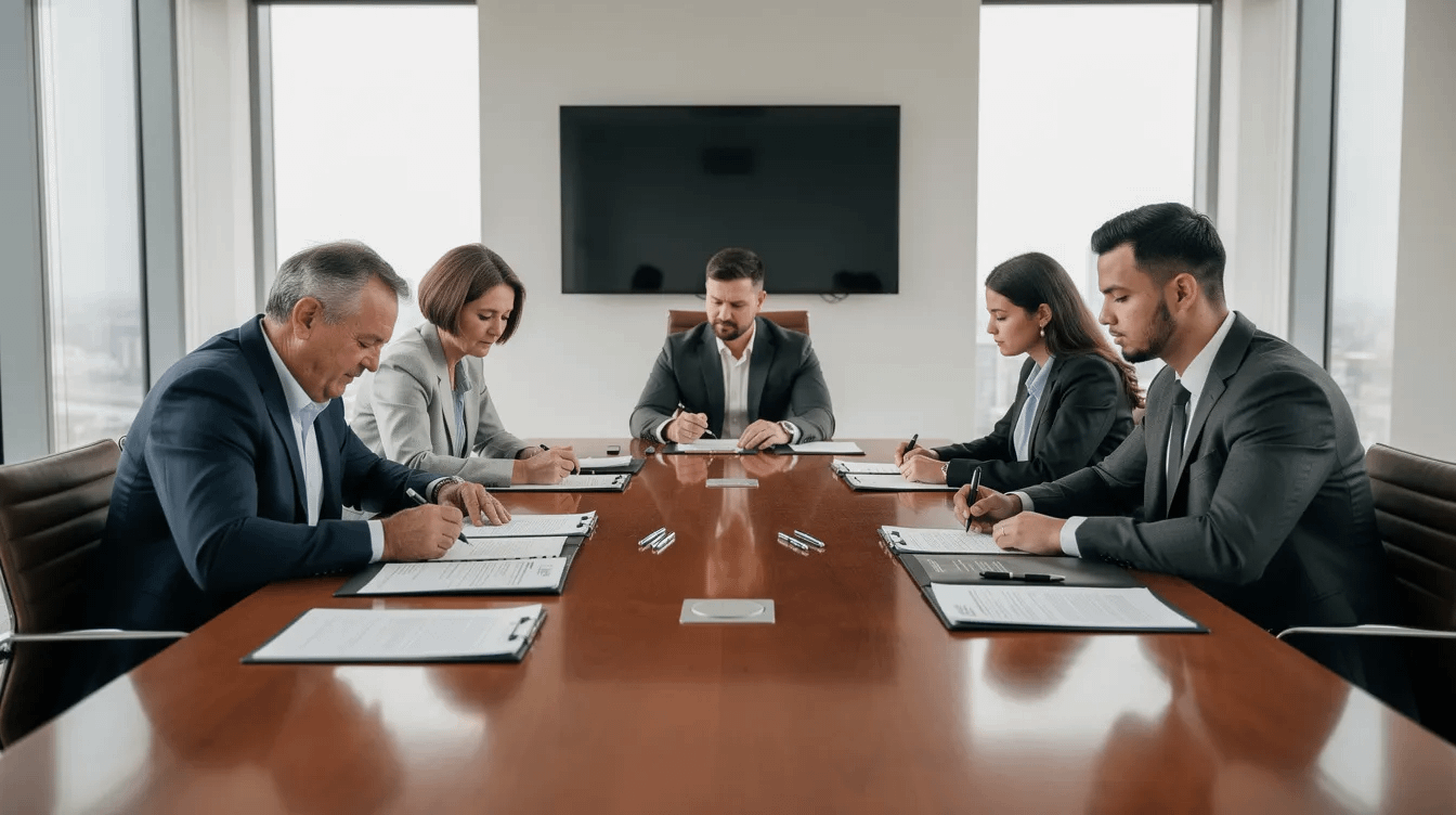 The image depicts a professional conference room where two couples are seated at a table, engaging with their family law attorneys as they review important documents related to their collaborative divorce process. The atmosphere suggests open communication and a focus on reaching mutually beneficial solutions regarding family law issues such as child custody and property division.