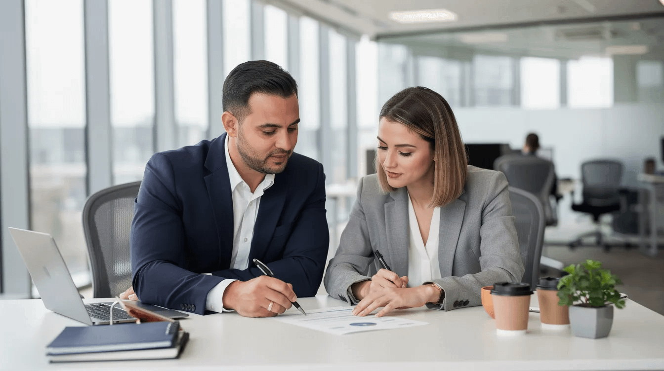 A professional couple is seated at a modern office desk, reviewing important documents together in a positive environment. This scene reflects their commitment to navigating family law matters, ensuring they communicate openly about their individual needs and future arrangements.