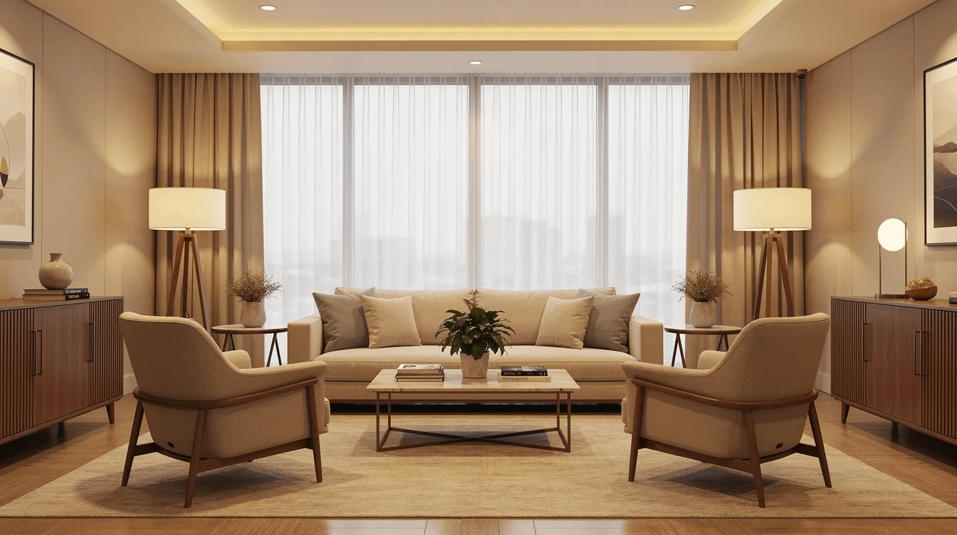 The image depicts a professional office space featuring warm lighting and comfortable seating, creating an inviting atmosphere for clients seeking legal assistance with family law matters, including same sex divorce and child custody arrangements. The design reflects a welcoming environment for individuals navigating the complexities of divorce proceedings in Costa Mesa and Orange County.