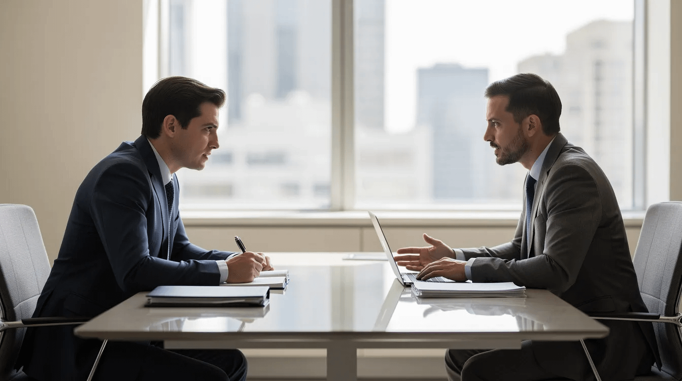 Two professionals in business attire are engaged in a meeting at an office desk, discussing important family law matters such as child custody and support arrangements. The setting reflects a serious atmosphere, indicative of the legal support provided by family law attorneys in Costa Mesa, California.