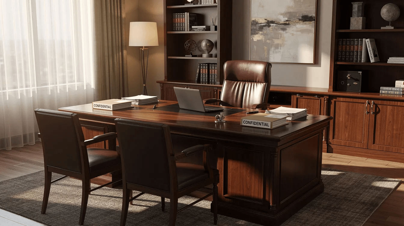 The image depicts a sophisticated private office featuring elegant furniture and neatly organized confidential documents, ideal for high asset divorce attorneys to discuss complex financial cases and asset division. The setting reflects a professional atmosphere suitable for navigating high net worth divorce proceedings under California family law.