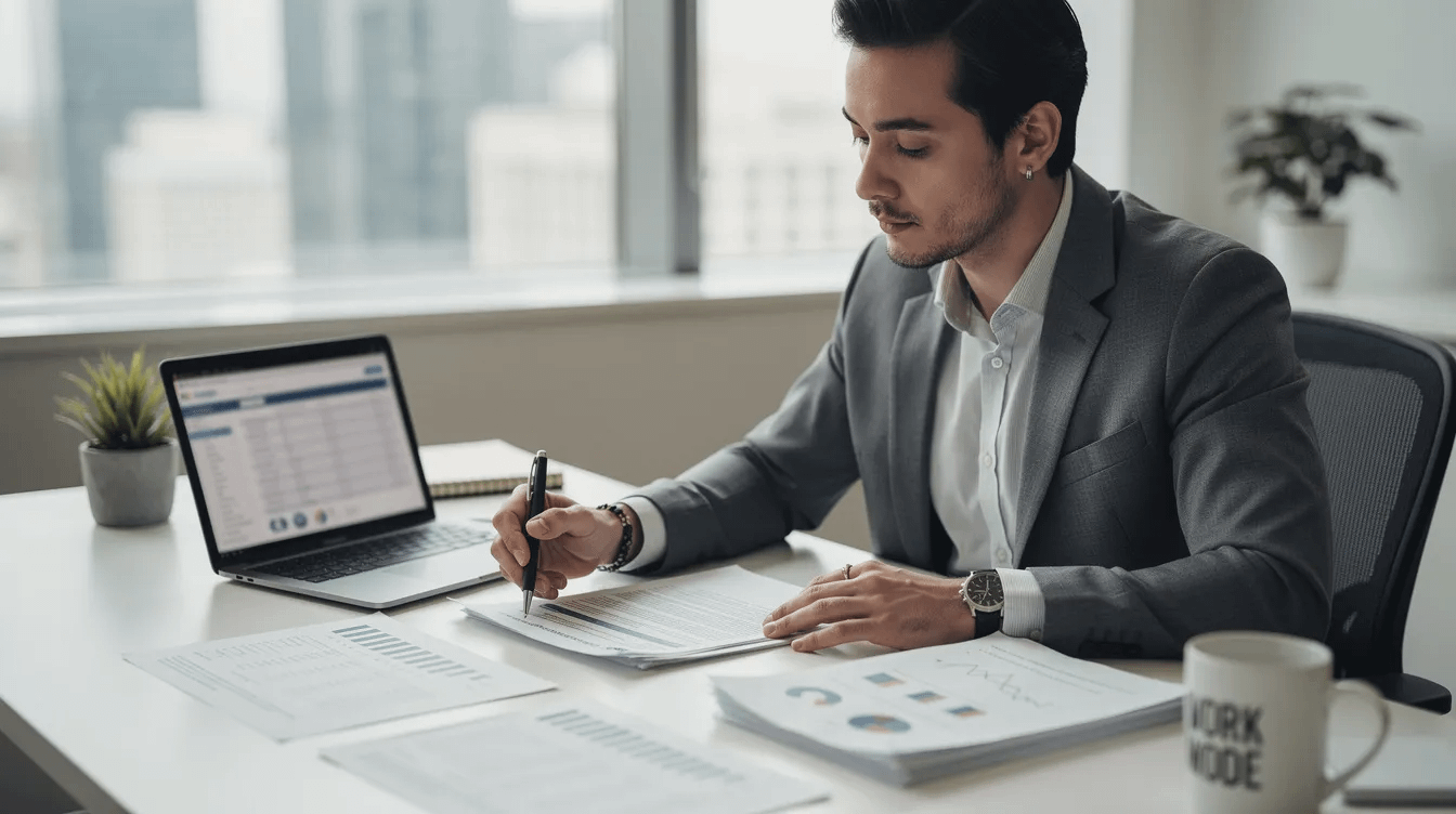 A professional, likely a mediation attorney, is seated at a desk reviewing important documents related to family law matters, such as child custody and divorce mediation. The setting suggests a law firm environment in Costa Mesa, California, where complex divorces and private dispute resolution are handled with care.