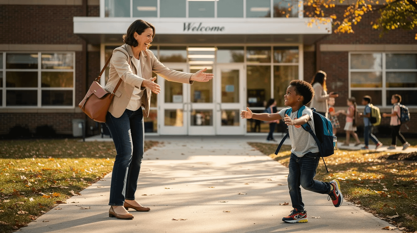 A parent is seen joyfully picking up their child from a school building, illustrating the importance of parental involvement in a child's life, especially in the context of child custody matters. This moment highlights the significance of stable custody arrangements and the emotional connections that shape family law decisions.