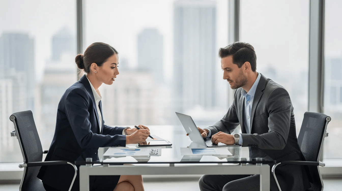The image shows two professionals in business attire engaged in a consultation within an office setting, discussing complex family law issues such as child custody and property division. This scene reflects the importance of legal representation in contested divorce cases, highlighting the expertise of family law attorneys in Santa Ana.