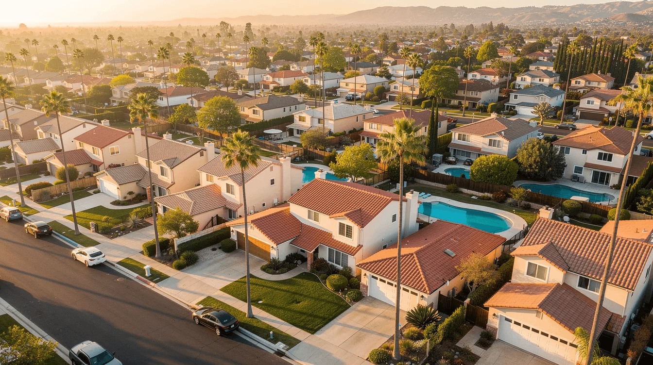 An aerial view captures a vibrant residential neighborhood in Southern California, dotted with palm trees and various homes. This picturesque scene reflects the community's charm, where families may consider prenuptial agreements to protect their financial matters and ensure clarity in marital property and responsibilities.