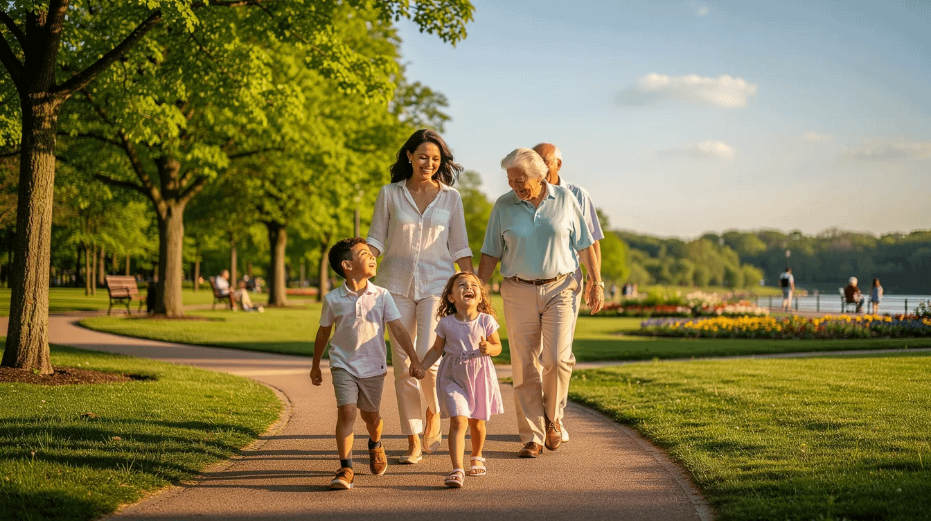 A family of four, including two children, is walking together in a sunny park, enjoying their time outdoors. This image captures the essence of togetherness and happiness, often sought in family law matters such as child custody and support.