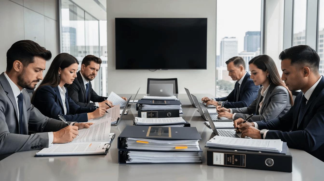 A professional legal team is engaged in a meeting, reviewing important documents related to family law matters such as child custody and spousal support. The atmosphere reflects a focus on the contested divorce process, highlighting their commitment to providing experienced legal representation for clients navigating the complexities of divorce proceedings.