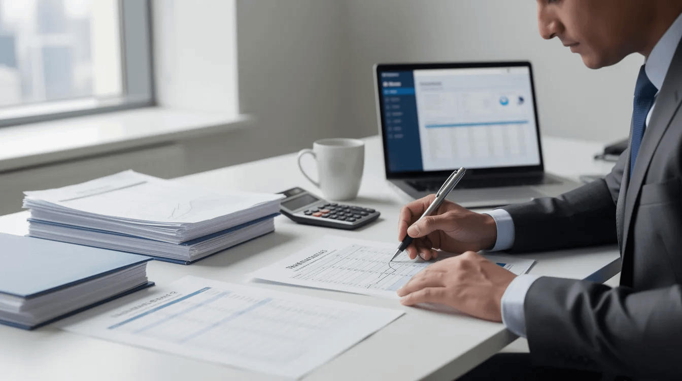 A professional family law attorney is seated at a desk, meticulously reviewing financial documents related to asset division and property acquired during the marriage. This scene highlights the importance of legal counsel in family law matters, particularly in the context of the property division process in Santa Ana.