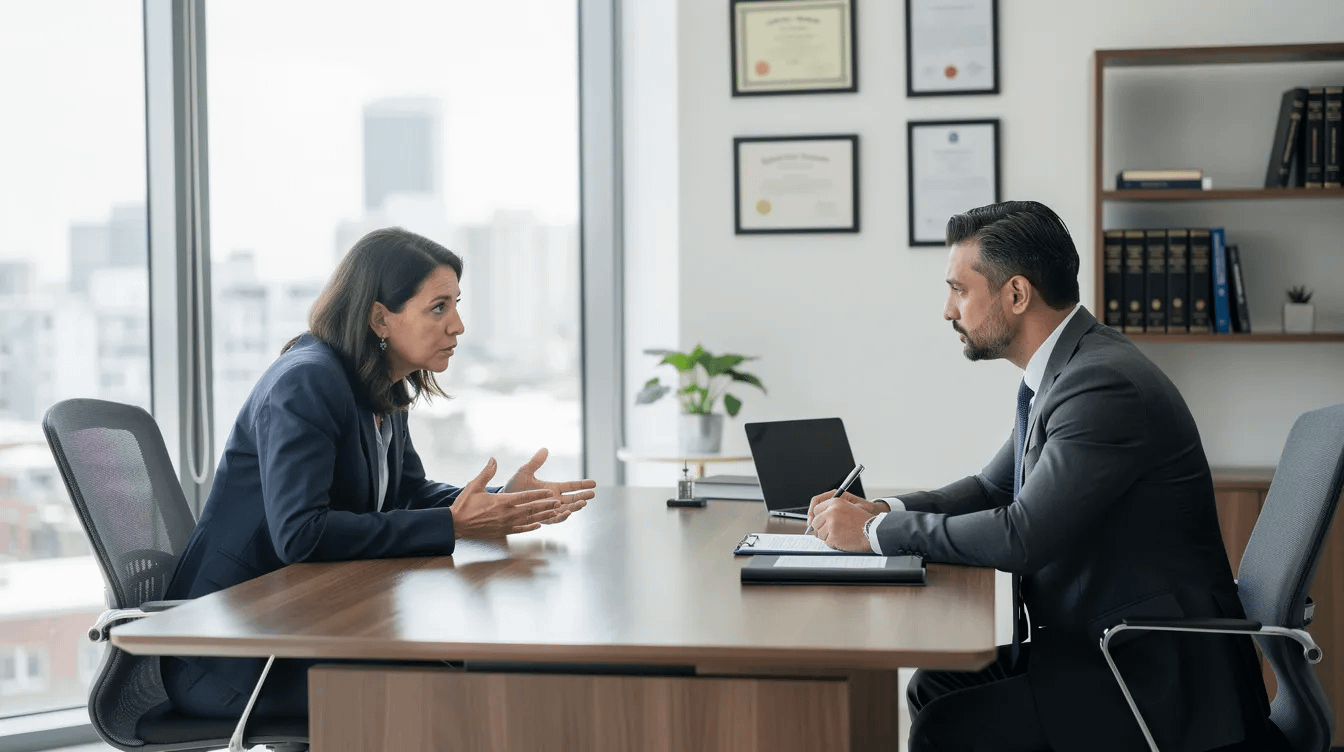 An attorney is engaged in a professional consultation with a client in a modern office, discussing important family law matters such as the divorce process, child custody, and spousal support. The setting reflects a focus on providing experienced legal guidance for contested divorce cases and other family law issues.