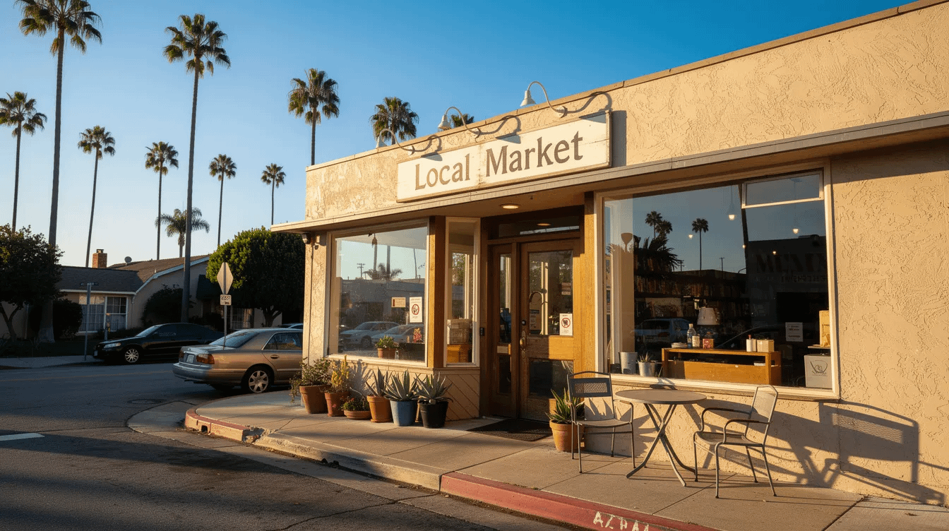 The image depicts a small business storefront located on a sunny California street, with a welcoming entrance and colorful signage. This vibrant setting may be home to a family law firm, where experienced family law attorneys assist clients with prenuptial agreements, child custody, and other family law matters.