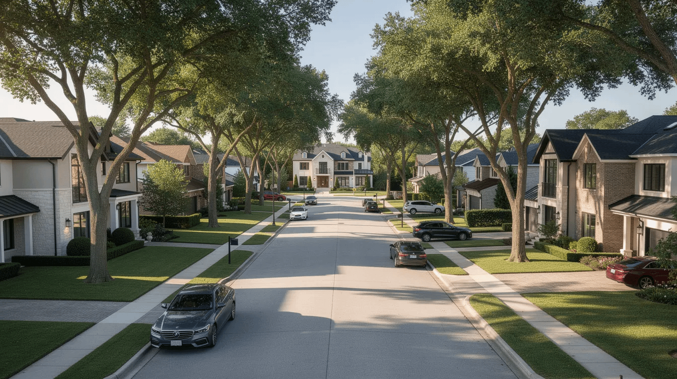 The image depicts a serene residential neighborhood featuring upscale homes surrounded by lush, tree-lined streets, reflecting a peaceful community atmosphere. This setting is ideal for families navigating family law matters, such as child custody or spousal support, and highlights the importance of having a trusted family law attorney in Tustin for legal representation during significant life changes.