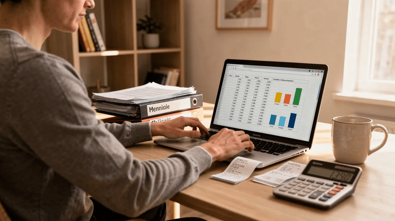 The image shows a person sitting at a home office desk, meticulously organizing financial documents while using a laptop. This scene reflects the careful preparation often required in family law matters, such as divorce and child custody cases, highlighting the importance of strategic planning during the legal process.