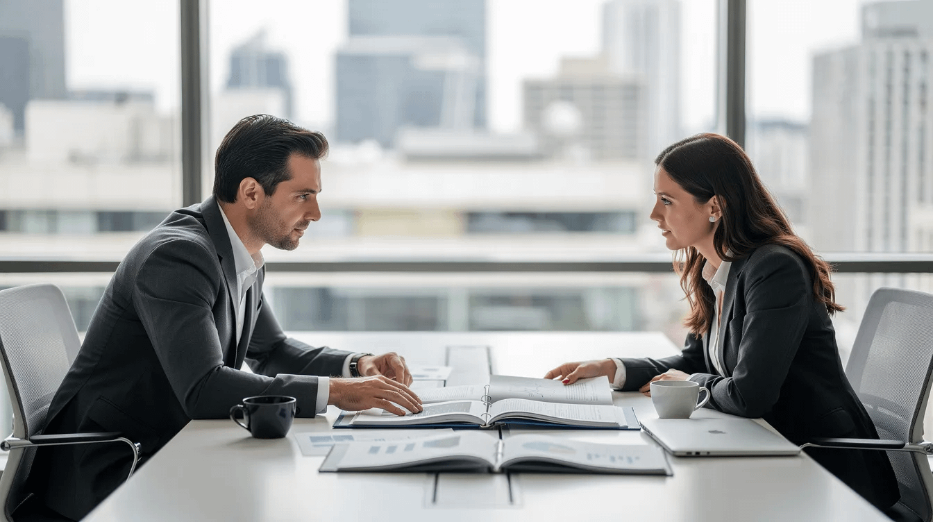 The image depicts two professionals, likely experienced family law attorneys, engaged in a calm discussion across a conference table filled with documents related to family law matters. Their collaborative approach suggests they are working on amicable resolutions for divorce proceedings, possibly discussing child custody or property division.