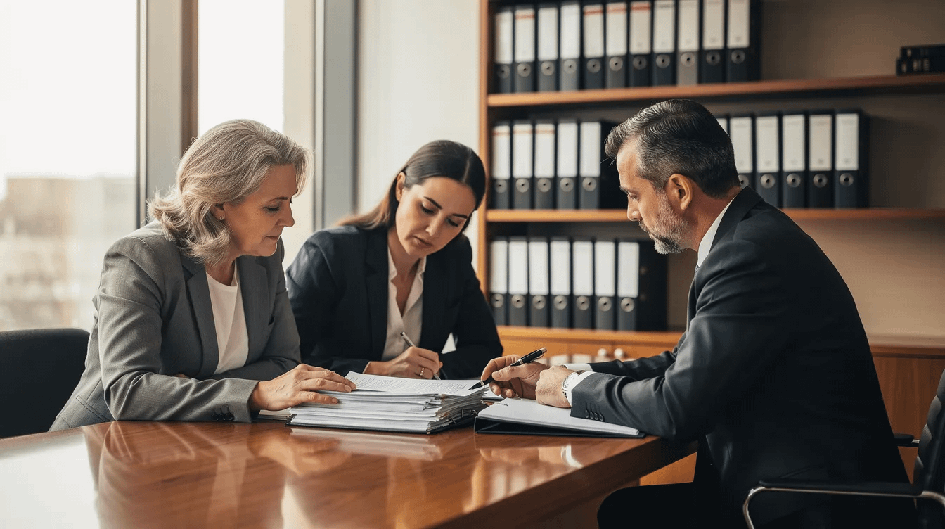 A professional couple is seated at a desk, attentively reviewing legal documents with an experienced family law attorney. The scene highlights the importance of clear communication and legal expertise in navigating family law matters such as prenuptial agreements and child custody cases.