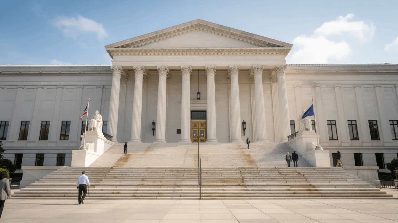 The image depicts the exterior of a government courthouse building, featuring grand steps and tall columns. This location serves as a vital space for legal matters, including family law cases related to child custody and child support issues, providing legal guidance and support to families in Tustin and surrounding areas.