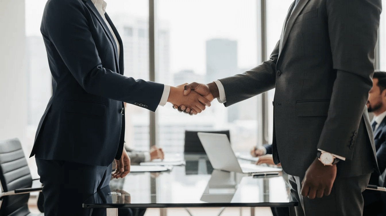 The image depicts a professional handshake in an office setting, symbolizing partnership and trust between individuals, likely reflecting the collaboration of a family law attorney and clients navigating legal matters such as same sex divorce or child custody. This moment represents the commitment to provide compassionate support and strategic legal counsel in the complex landscape of family law.