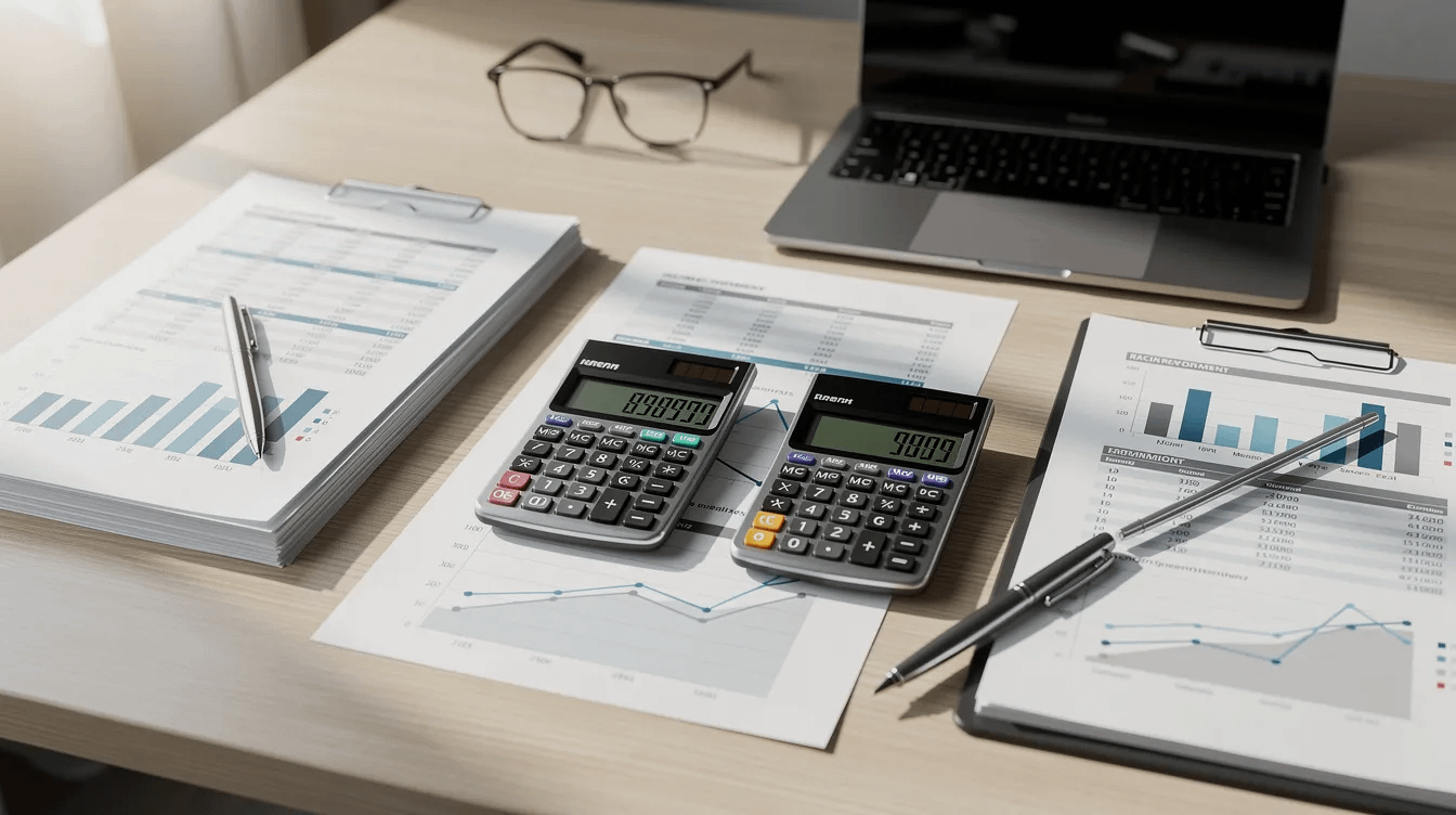 The image features a neatly organized desk with professional financial documents and calculators, symbolizing the complexities of high net worth divorce proceedings. This setup highlights the importance of financial disclosures and asset division, crucial for navigating community property laws and ensuring a secure financial future during the divorce process.