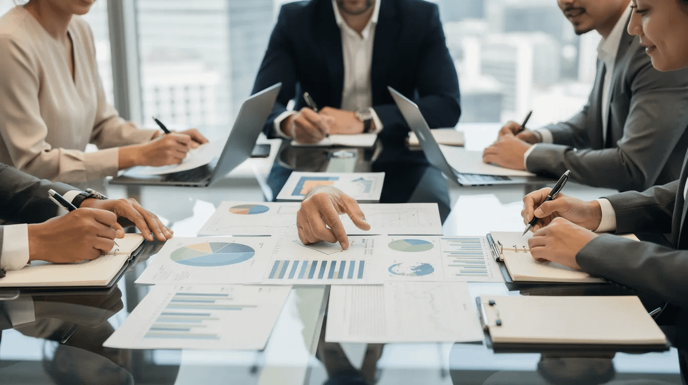 The image shows a group of professionals, including a family law attorney, gathered around a conference table, intently reviewing financial documents related to property division and asset valuation. Their focused discussion highlights important family law matters, such as community property laws and divorce settlements, crucial for ensuring a fair financial future for their clients.