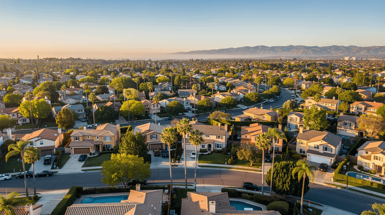 An aerial view captures a suburban neighborhood in Orange County, showcasing neatly arranged homes and tree-lined streets, indicative of a family-friendly environment. This serene setting reflects the importance of legal support, such as child custody and child support issues, often navigated by families in the area seeking guidance from experienced attorneys.