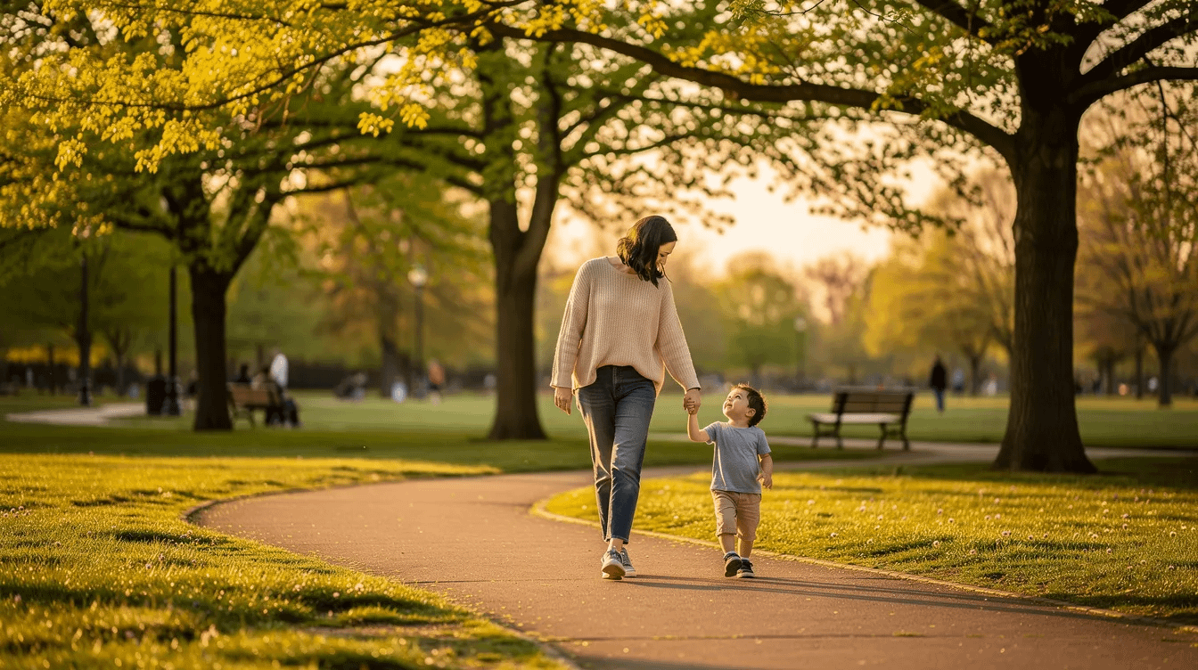 A parent is walking hand-in-hand with a young child through a lush park, surrounded by trees and greenery. This heartwarming scene reflects the joys of family life, which may resonate with many same sex couples navigating child custody arrangements and family law matters.