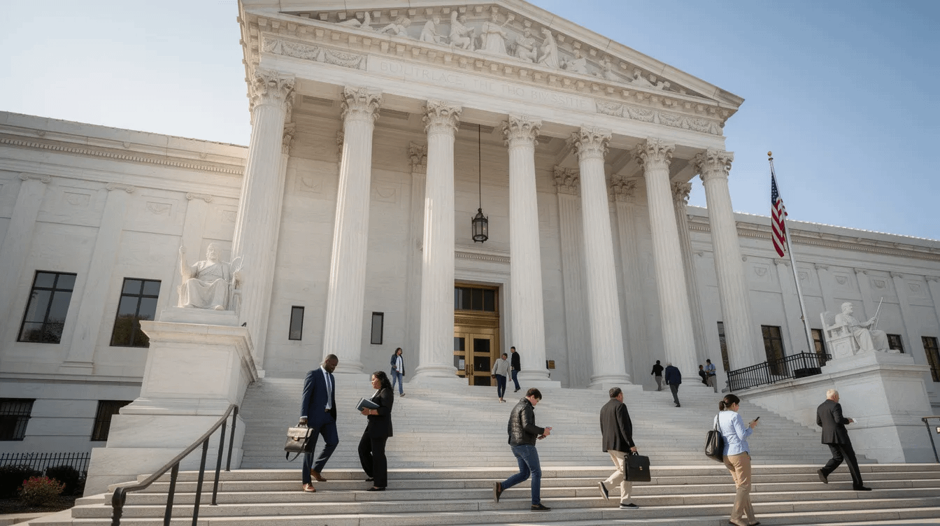 The image shows the exterior of a courthouse building with people walking up the steps, suggesting a legal atmosphere where individuals may be seeking legal support for family law matters, such as child custody or paternity cases. This scene highlights the importance of navigating the legal process to protect one’s rights and family’s future.