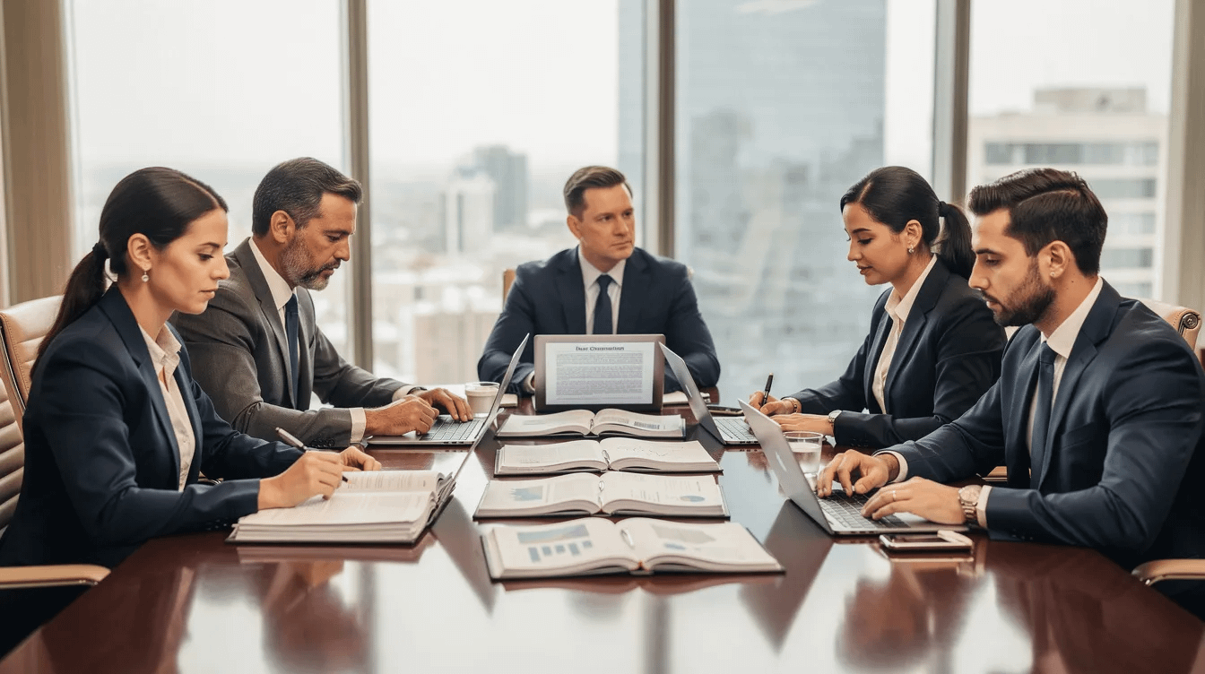 A professional legal team, including family law attorneys, is gathered around a conference table, diligently reviewing important documents related to family law matters such as child custody and spousal support. The atmosphere reflects a commitment to providing legal representation and support for clients navigating significant life changes in Tustin, California.