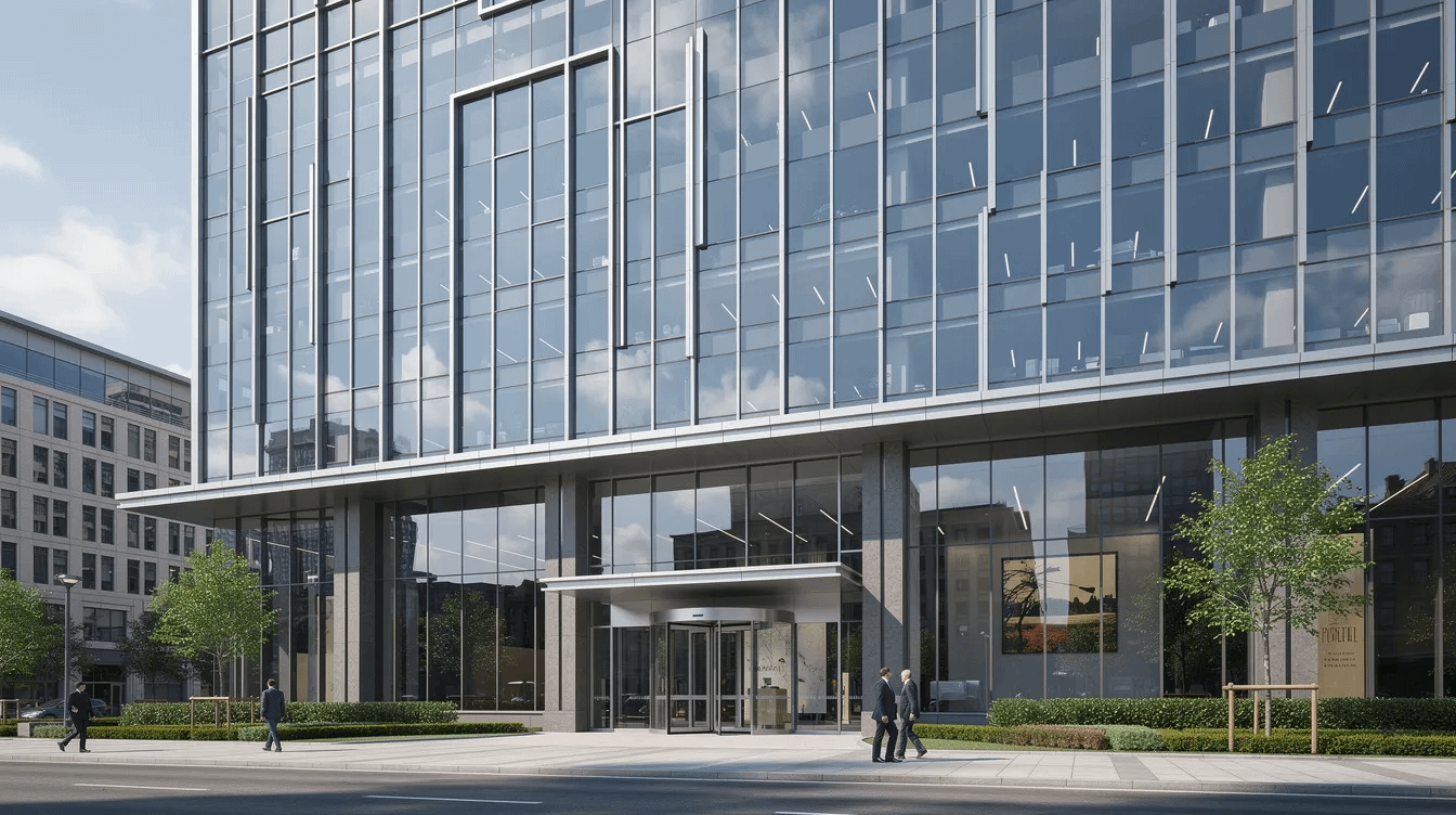 The image depicts a sleek, modern office building with large glass windows reflecting the surrounding environment. This contemporary structure may house various legal professionals, including those specializing in domestic violence cases and family law matters.