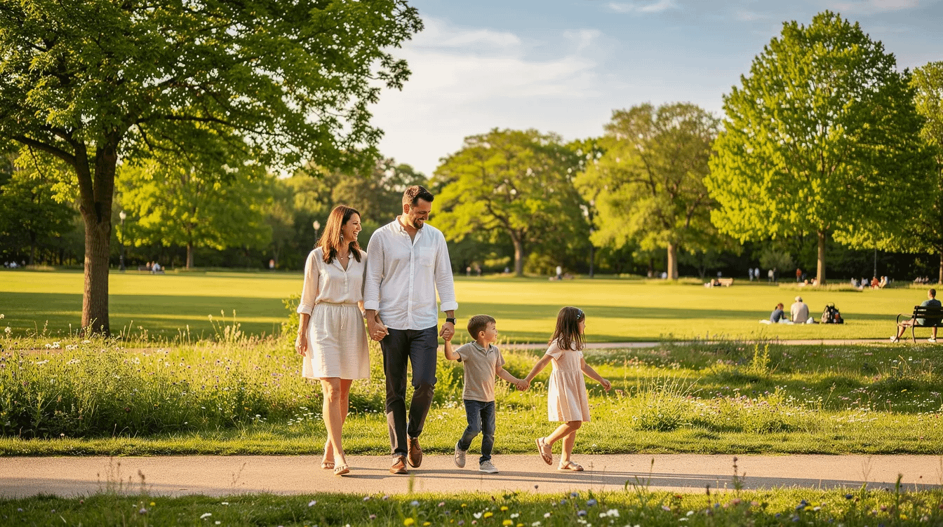 A happy family is walking together in a sunny park, surrounded by lush trees and open grass, enjoying quality time outdoors. This scene reflects the importance of family law matters, such as establishing paternity and ensuring the child's well-being in California.