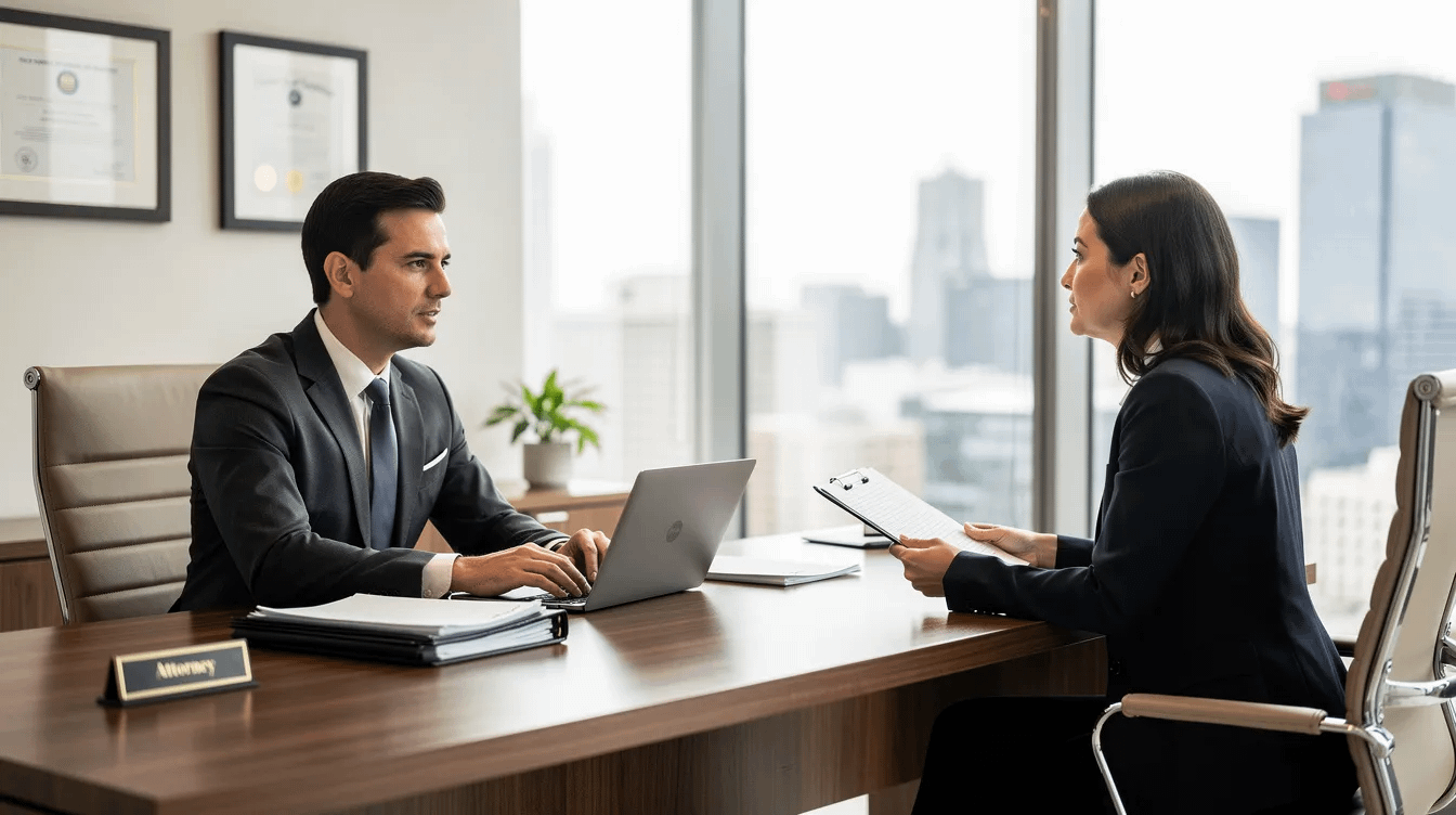 The image depicts a professional meeting between an attorney and a client in a modern office setting, where they are discussing family law matters, including spousal support arrangements and child custody issues. The attorney, an experienced family law specialist, is providing legal counsel to help navigate the complexities of the divorce process and ensure the client's financial stability.