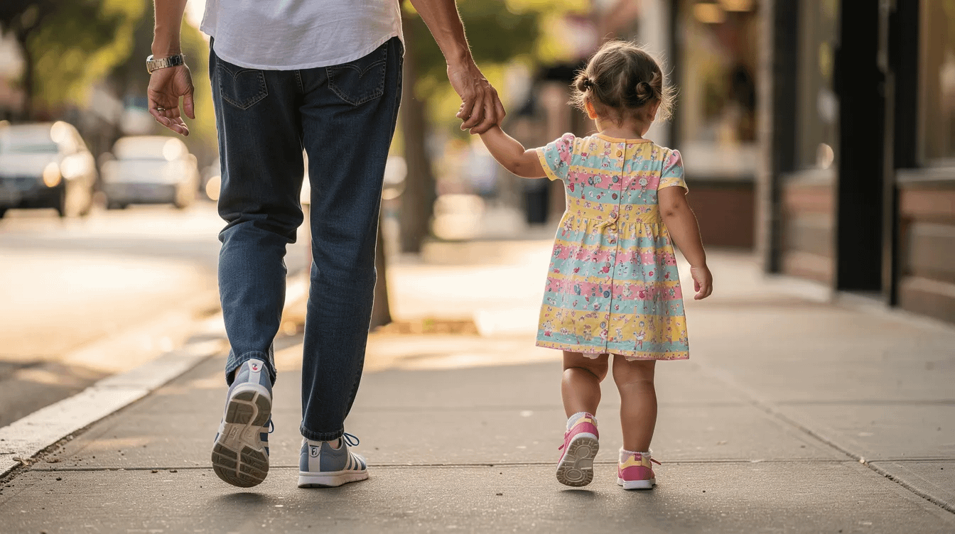 A parent, gently holding a young child's hand, walks together on a sidewalk, symbolizing the importance of family law matters and the child's well-being. This image reflects the nurturing relationship between parents and their children, emphasizing the emotional challenges and legal considerations involved in child custody and establishing paternity.