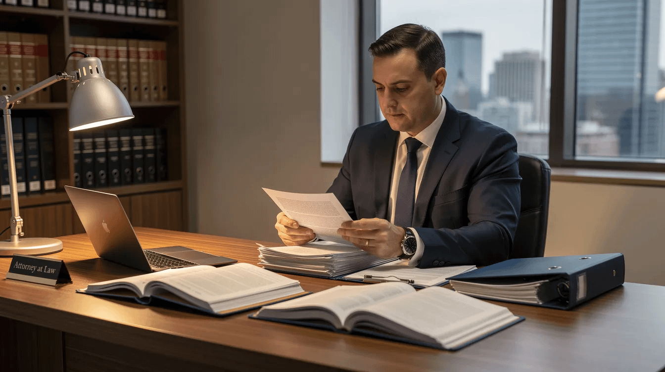 An attorney is seated at a desk, intently reviewing legal documents related to family law matters, possibly involving domestic violence cases. The image conveys a sense of professionalism and expertise, highlighting the attorney's role in providing legal representation for clients facing serious issues such as domestic violence charges and child custody disputes.