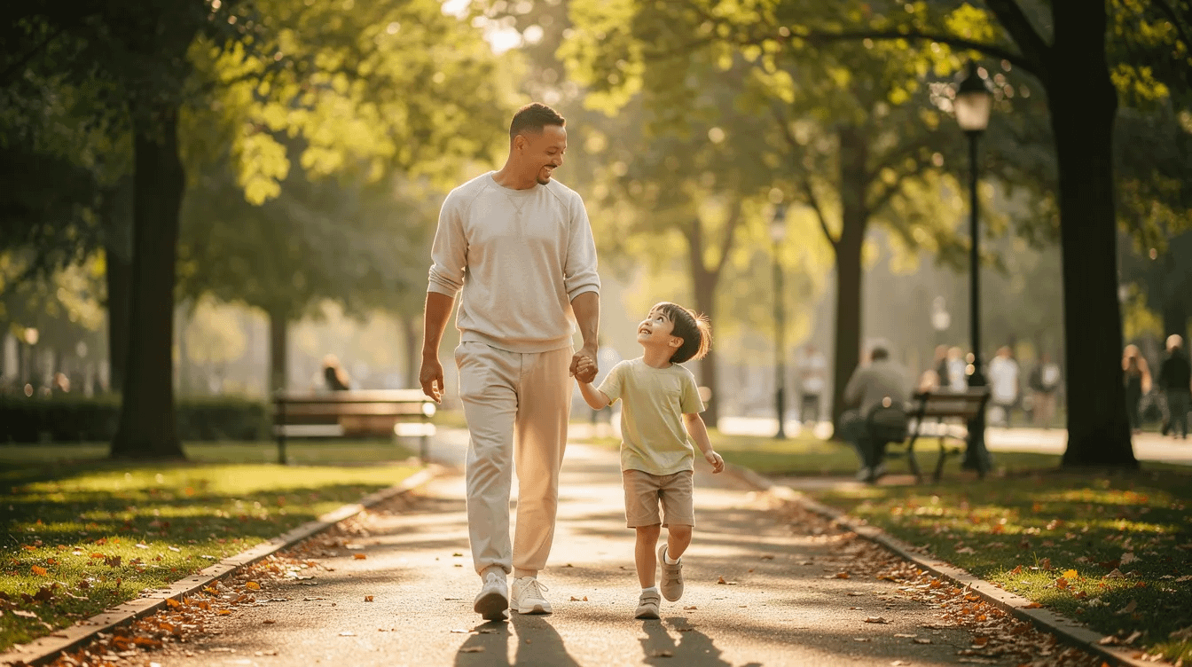 A parent and child stroll through a lush park, surrounded by greenery and trees, enjoying quality time together. This heartwarming scene emphasizes the importance of family, which can be a central focus in family law matters such as child custody and spousal support arrangements.