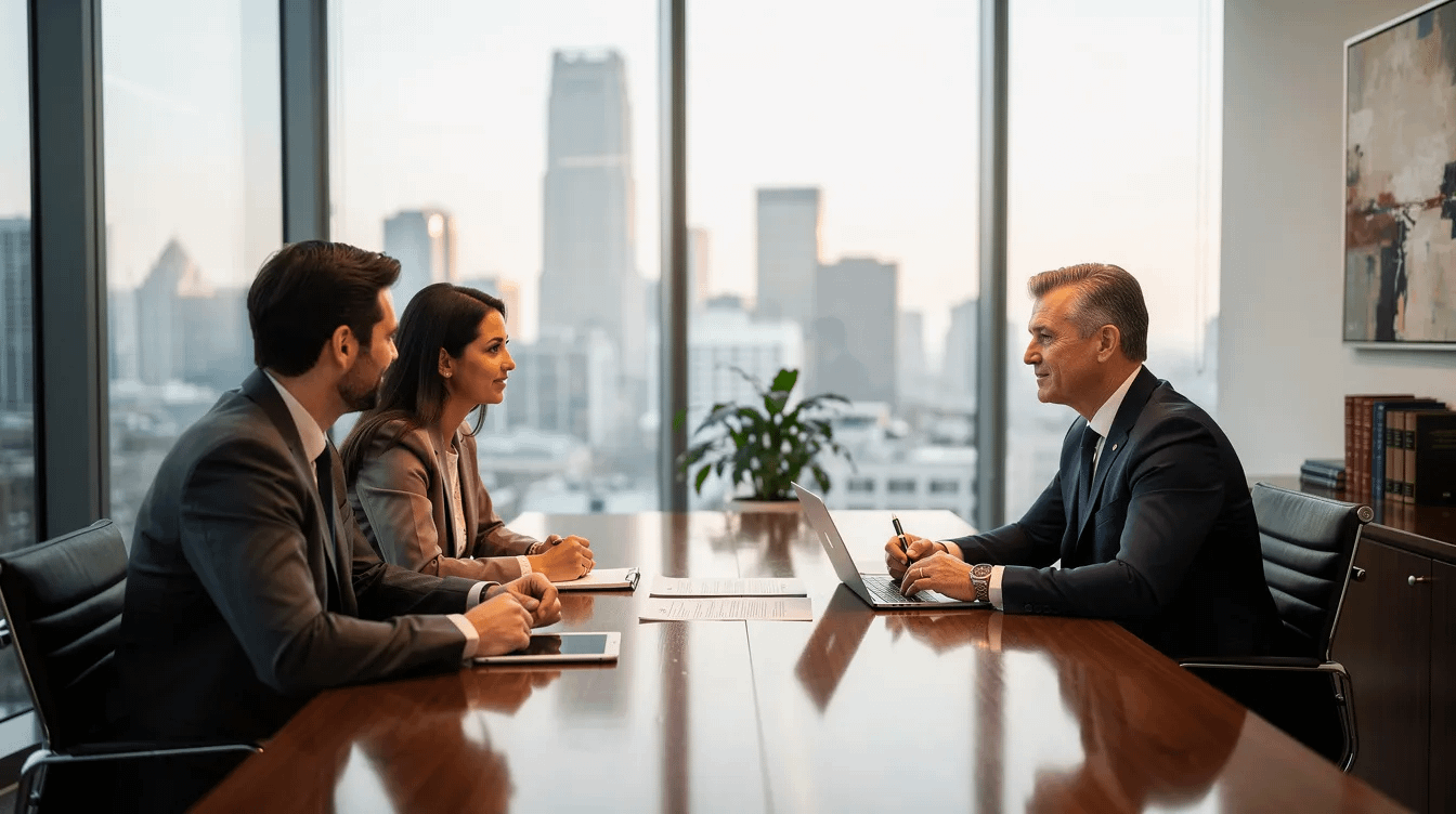 The image depicts a professional consultation taking place in a modern law office, where a family law attorney is discussing prenuptial agreements and custody arrangements with clients. The setting is sleek and organized, reflecting the seriousness of legal matters such as property division and spousal support under California law.
