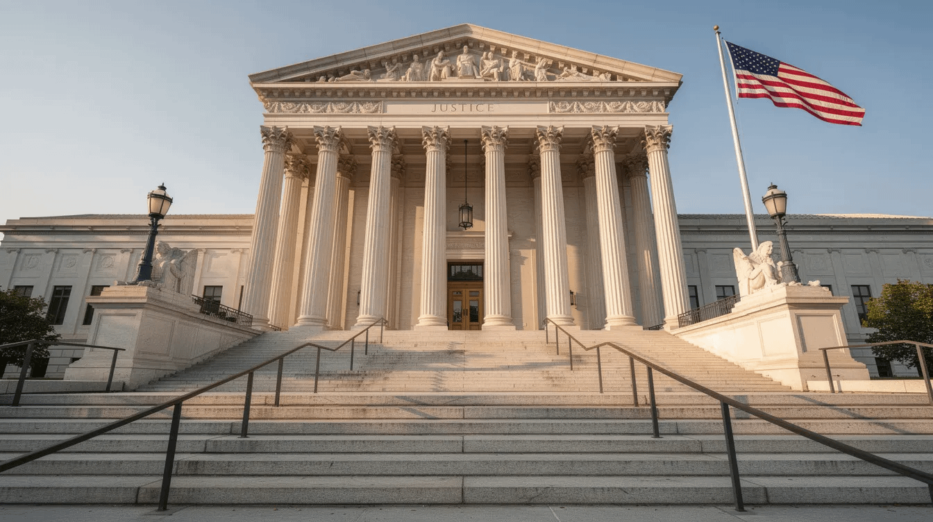 The image depicts the exterior of a courthouse featuring grand steps and tall columns, symbolizing the justice system. This setting is often associated with family law matters such as divorce proceedings, child custody, and legal representation in Tustin, CA.