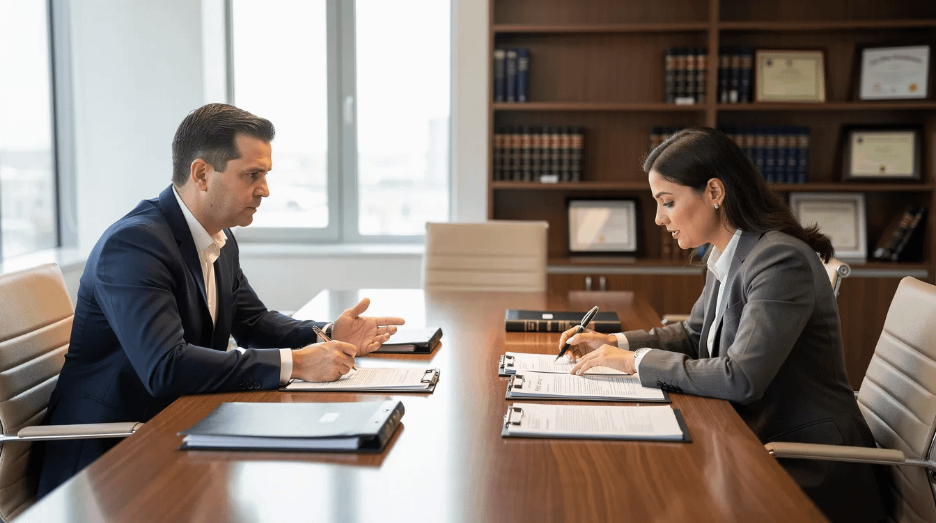 The image depicts a professional law office meeting room where two individuals are engaged in reviewing legal documents, likely related to a child custody case. The setting reflects a focused atmosphere, emphasizing the importance of informed decisions in family law matters.