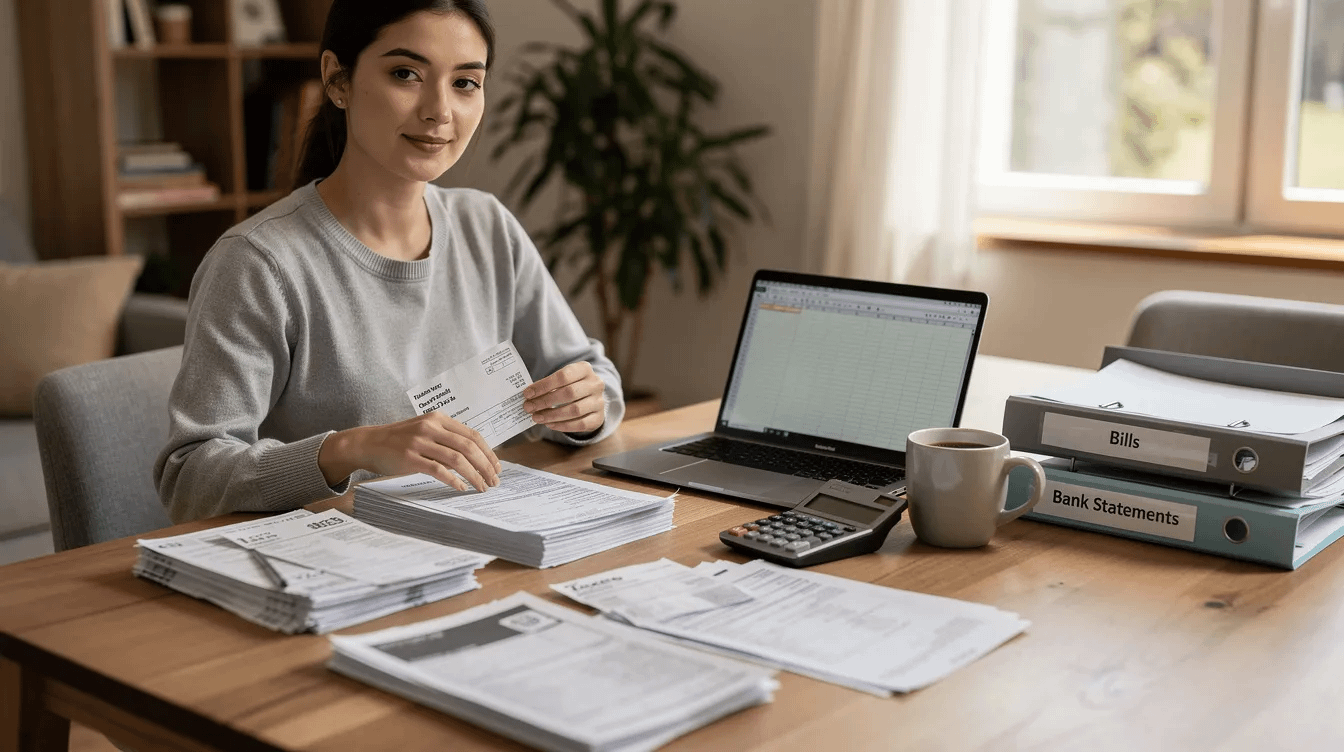 A person is seen sitting at a table, meticulously organizing financial paperwork related to property division and marital assets at home. The scene reflects the importance of managing documents such as bank accounts and retirement accounts during family law matters, particularly in the context of divorce proceedings in California.