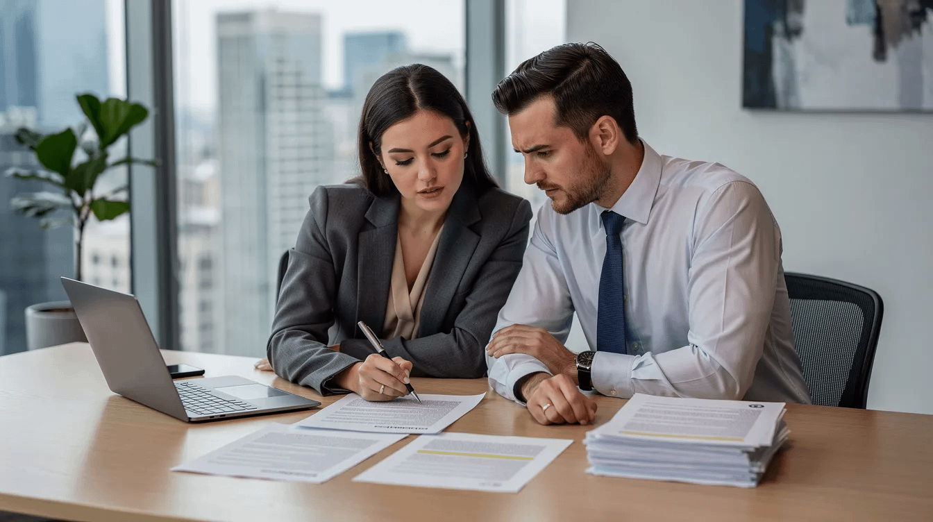 A professional couple is seated at a modern office desk, reviewing legal documents together, likely related to family law matters such as prenuptial or postnuptial agreements. The atmosphere suggests a collaborative approach to addressing their financial future and legal issues, possibly with guidance from an experienced family law attorney in Santa Ana.