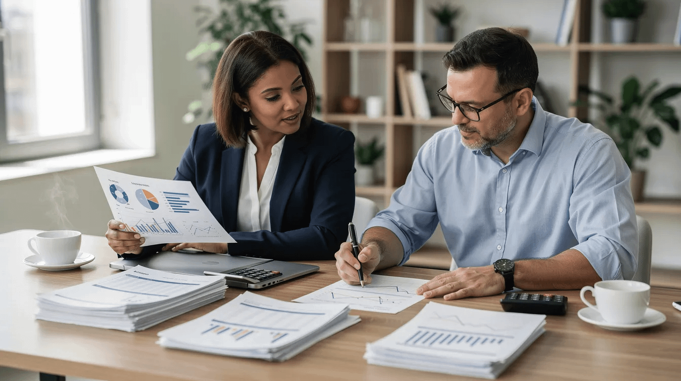 The image shows two individuals seated at a desk, intently reviewing financial documents while coffee cups sit nearby. This scene reflects the important discussions that married couples may have regarding prenuptial agreements and property division as they navigate the legal process, potentially with the guidance of a family law attorney.