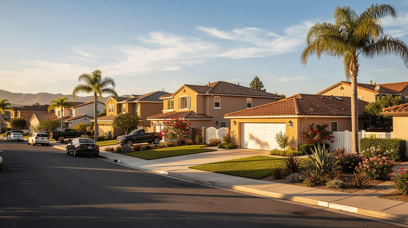 The image depicts a row of single-family homes in a sunny Southern California neighborhood, showcasing a typical residential area. This setting reflects the community where families may navigate property division and family law matters, highlighting the importance of experienced family law attorneys in ensuring fair asset division during divorce proceedings.