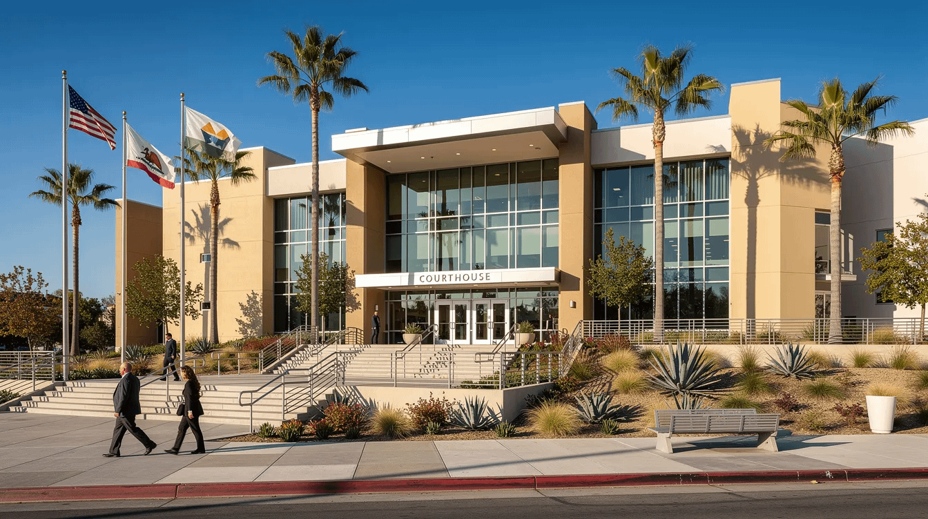 The image depicts the exterior of a modern courthouse building in Southern California, characterized by its sleek architecture and large glass windows. This courthouse is a key venue for various family law matters, including contested divorce cases, child custody hearings, and legal representation in divorce proceedings.