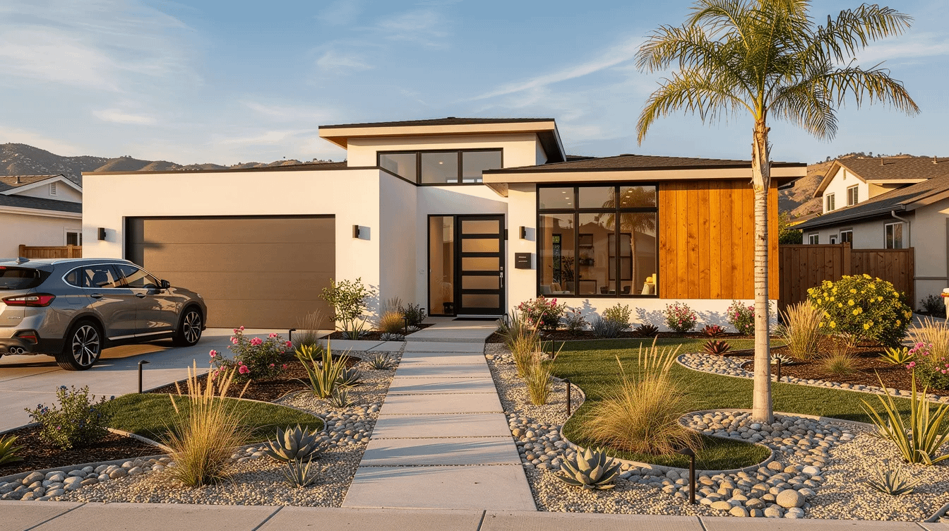 The image depicts a modern suburban home with a well-maintained landscaped front yard, situated in a Southern California neighborhood. This inviting property reflects the essence of community living, ideal for families navigating legal matters such as asset division and financial interests in accordance with California law.
