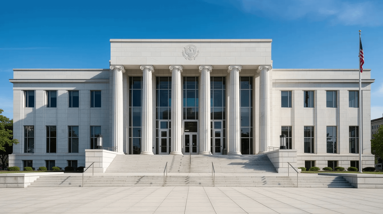 The image depicts a professional courthouse building with a clear blue sky in the background, symbolizing the legal process involved in family law matters such as divorce proceedings and child custody disputes. This setting represents the importance of experienced attorneys in navigating legal rights and ensuring the best interests of families in Tustin, California.