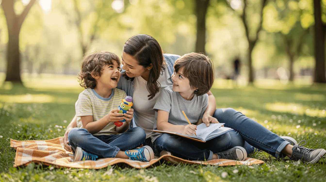 A parent enjoys a sunny day in the park with two children, engaging in playful activities such as running and laughing together. This heartwarming scene captures the essence of family bonding, highlighting the importance of a child-centered approach in family law matters.