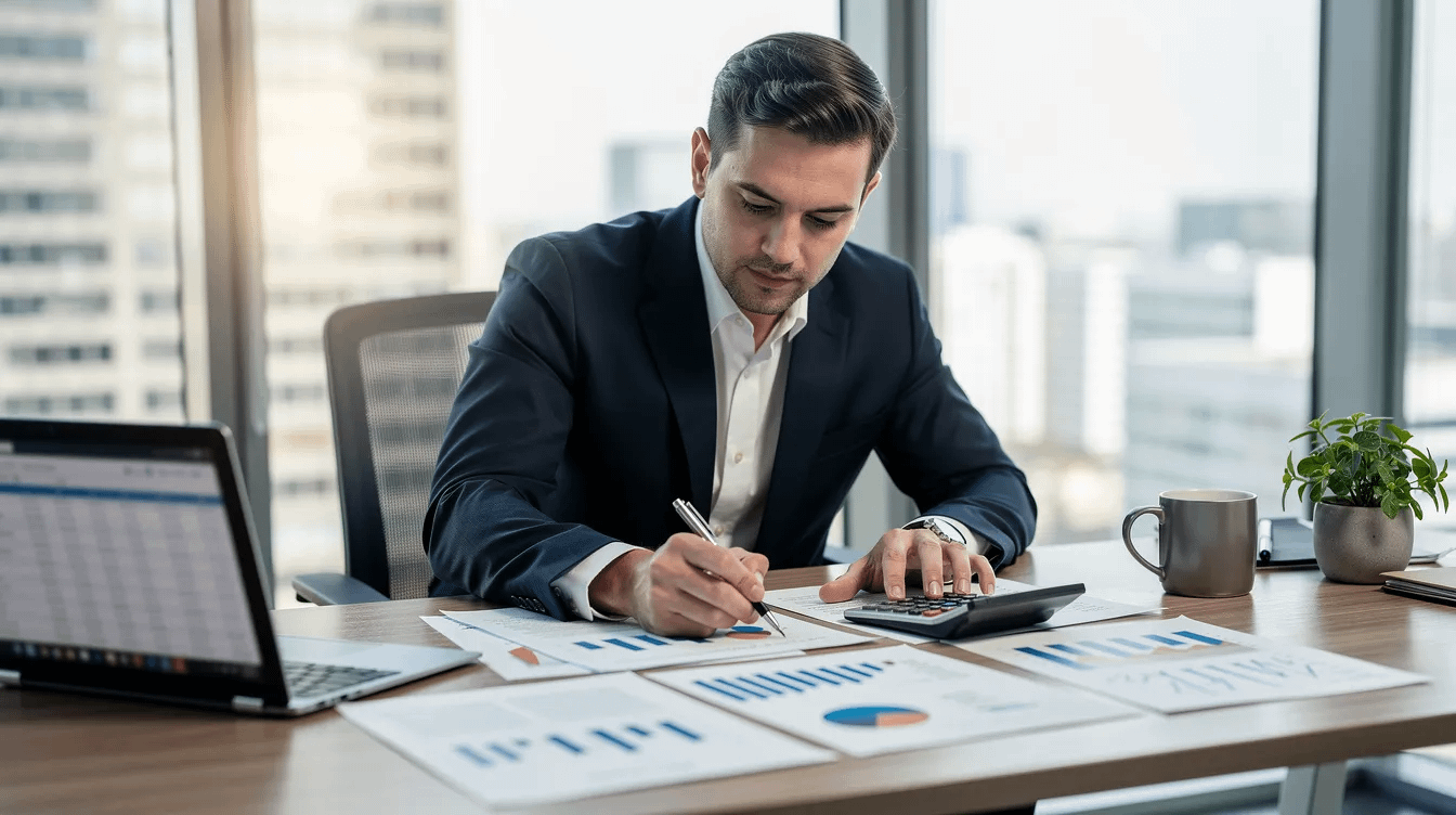 A business professional is seated at a desk, intently reviewing financial documents that include records of multiple investment accounts and asset division strategies. This scene reflects the importance of comprehensive legal representation in navigating complex property division and ensuring financial security for high net worth individuals in Santa Ana and Orange County.