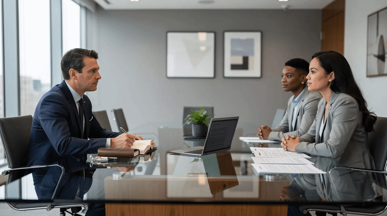 An experienced family law attorney is meeting with clients in a professional conference room, discussing important family law matters such as child custody, spousal support, and the divorce process. The setting conveys a sense of trust and professionalism, essential for addressing sensitive family law issues.