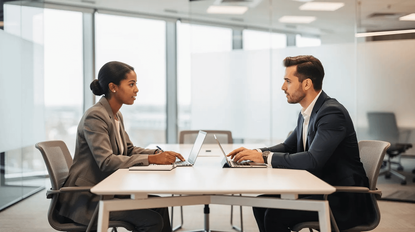 The image shows two professionals engaged in a consultation meeting in a modern office, discussing legal matters related to family law, including child custody and divorce proceedings. The atmosphere is collaborative, reflecting a commitment to providing strategic legal counsel for same sex couples navigating the complexities of divorce and family dynamics.