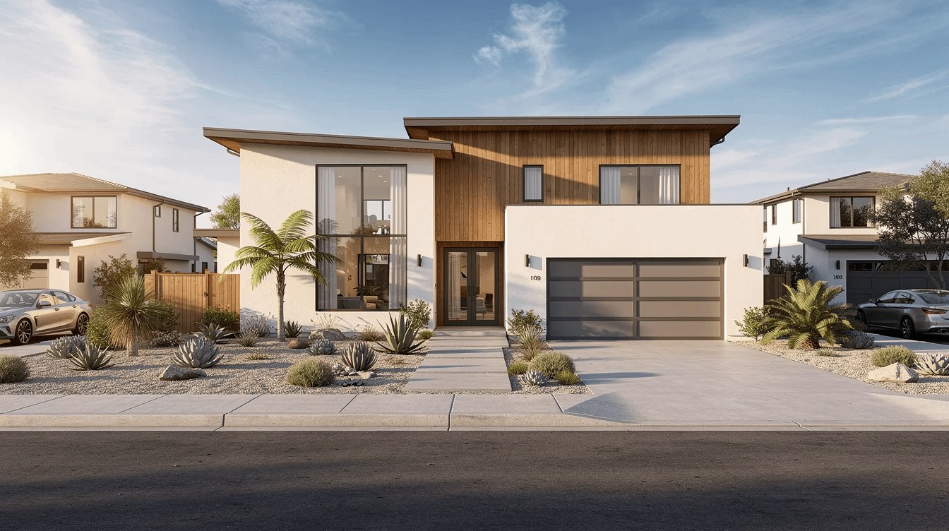 The image depicts a modern single-family home situated in a Southern California suburban neighborhood, showcasing a sleek design with large windows and a well-manicured lawn. This residence reflects the family law matters surrounding property ownership, particularly in the context of community property and marital assets during the divorce process.