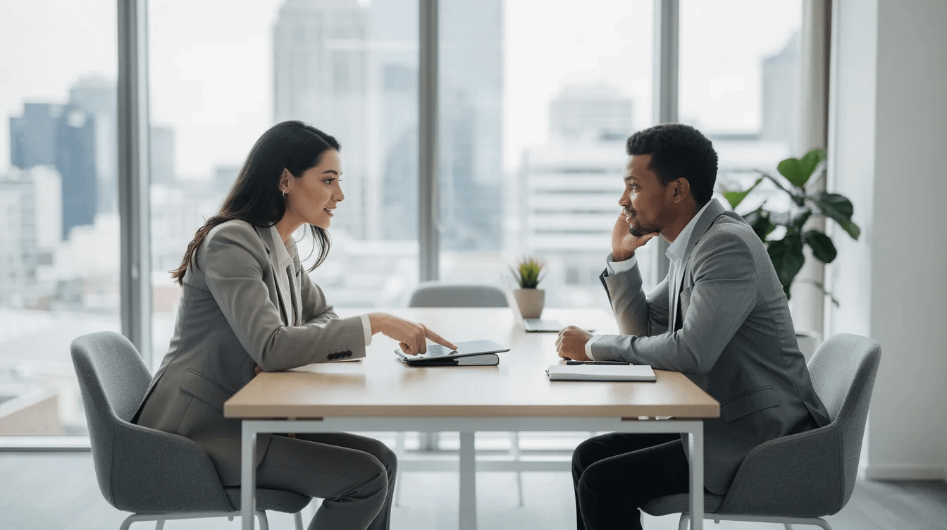 The image depicts two professionals engaged in a calm discussion within a modern office setting, likely focused on family law matters such as divorce mediation or child custody. This serene environment suggests a collaborative approach to resolving disputes, emphasizing the importance of mutual agreement in the mediation process.