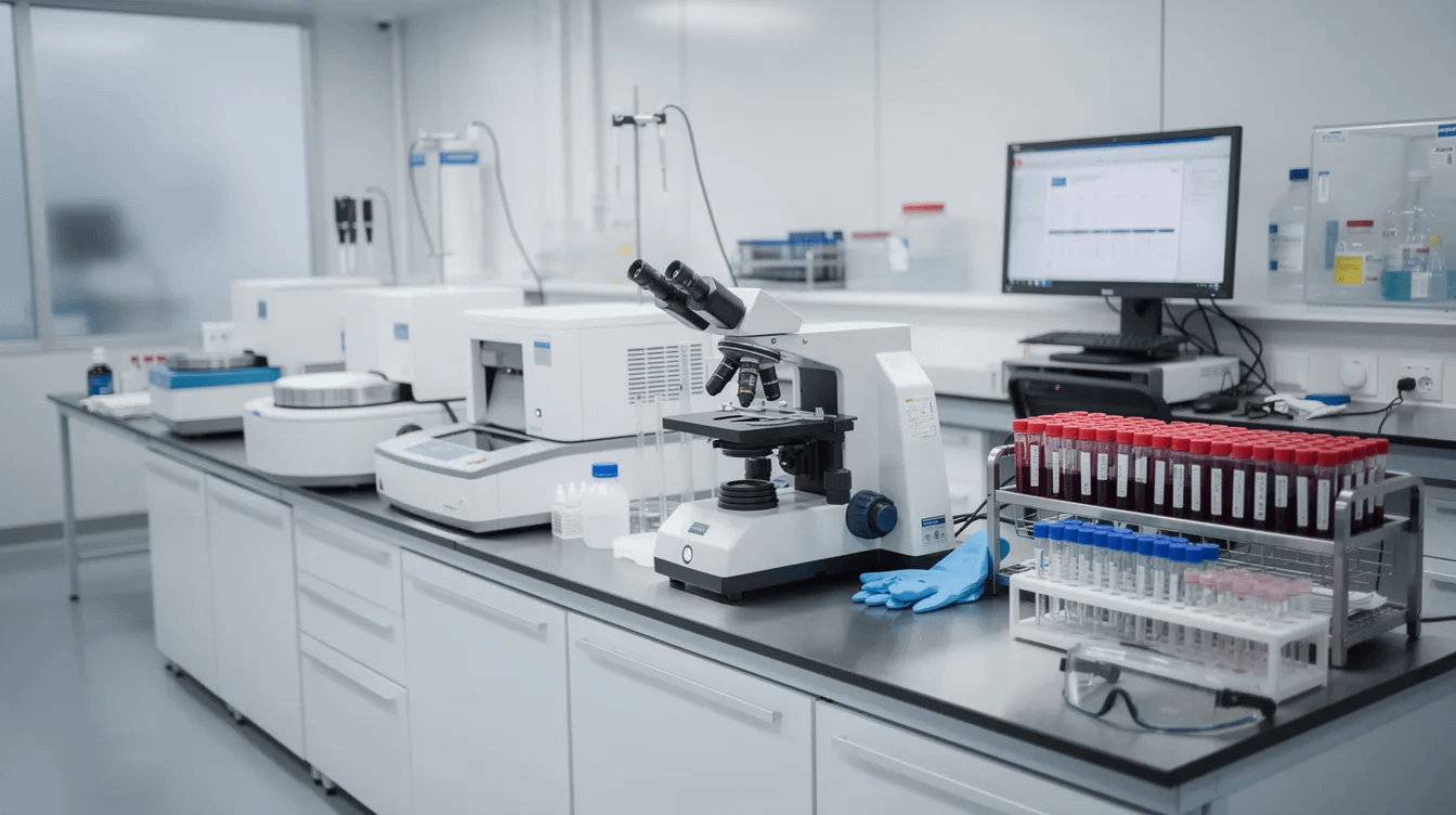 The image depicts a laboratory setting filled with various medical testing equipment, including DNA testing machines and glassware, highlighting the scientific aspect of establishing paternity. This environment is essential for conducting tests related to family law matters, such as paternity disputes and child custody arrangements.