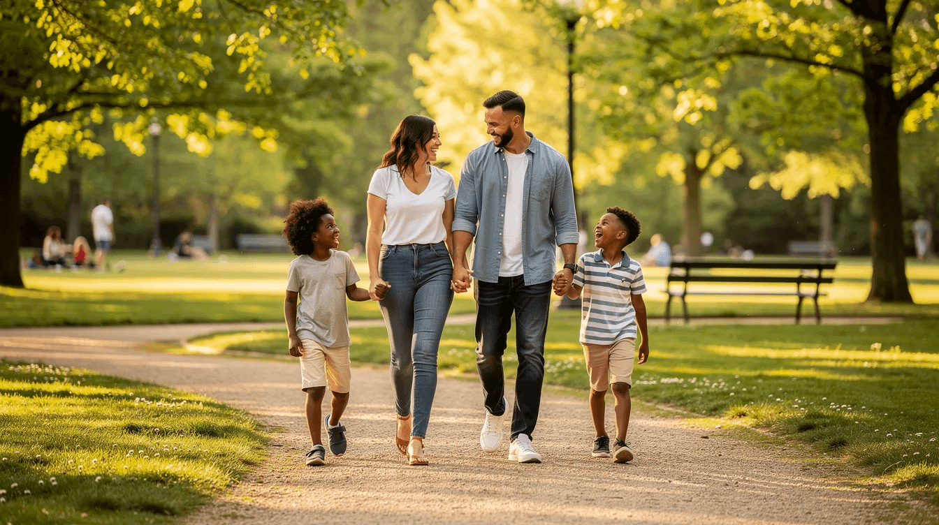 A group of family members, including children and adults, is walking together in a lush green park, enjoying their time outdoors. This scene highlights the importance of family connections, which can be crucial during family law issues such as child custody and collaborative divorce proceedings.